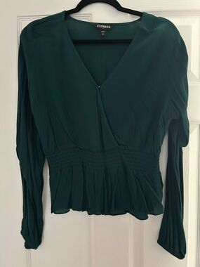 Express Women's Teal V-Neck Long Sleeve Blouse